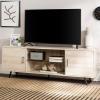 Walker Edison Saxon Mid Century Modern 2 Door Glass Shelf TV Stand for TVs up to 80 Inches, 70 Inch, Dark Walnut(Birch)