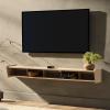 Walker Edison Zee Modern Floating Mounted Minimalist TV Stand, 65 Inch Length, for TVs up to 70 Inches, Solid Black(Coastal Oak)