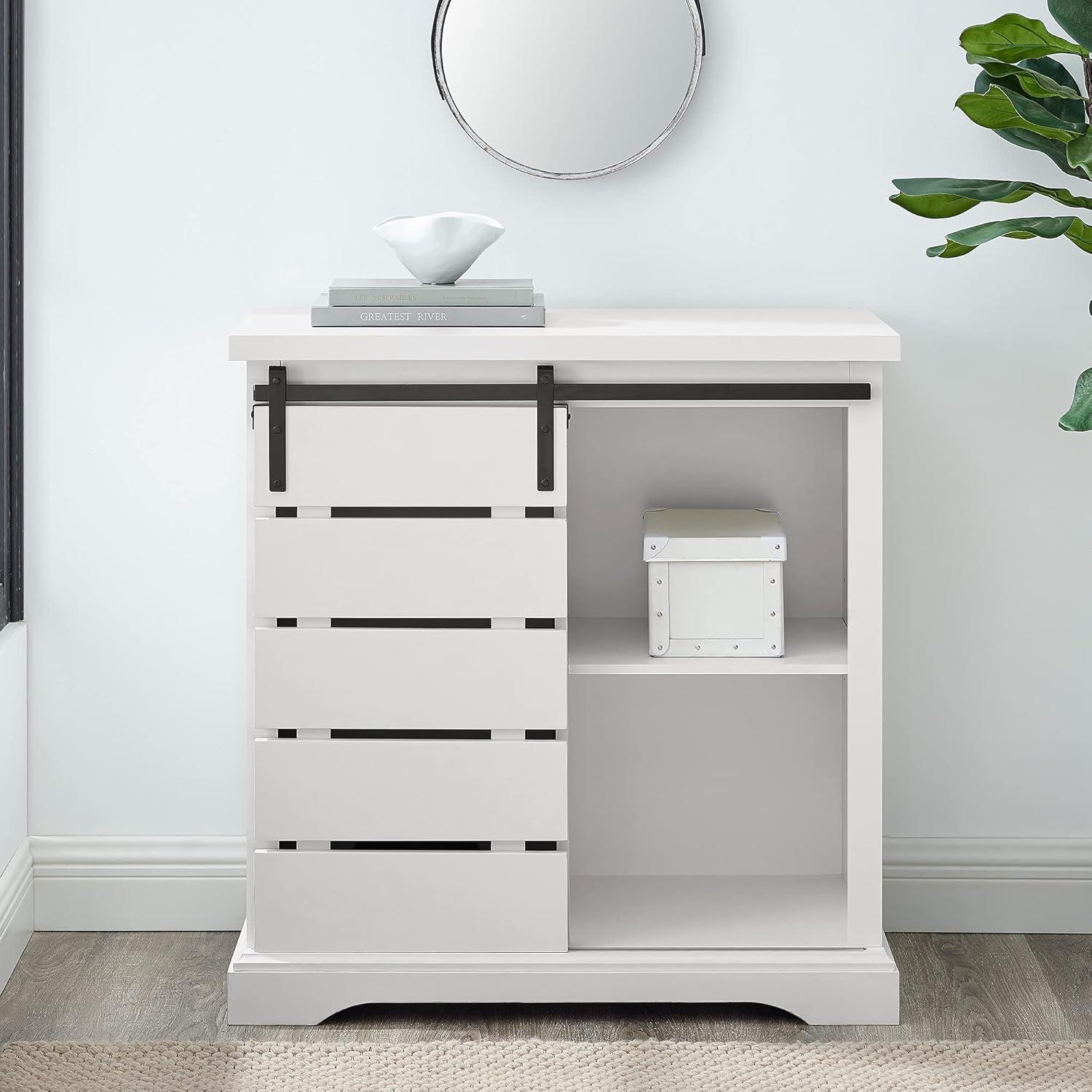 imageWalker Edison Willa Modern Farmhouse Sliding Single Slat Door Storage Console 32 Inch White and Rustic OakWhite
