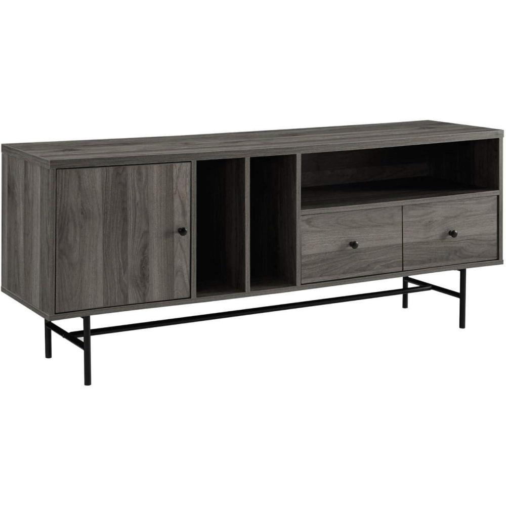 imageWalker Edison Modern Wood TV Stand with Record Storage for TVs up to 65quot Flat Screen Universal TV Console Living Room Storage Cabinet Doors Shelves Entertainment Center 60 Inch Dark WalnutSlate Grey