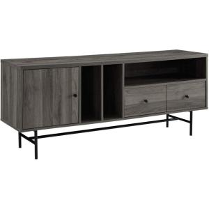 Walker Edison Modern Wood TV Stand with Record Storage for TV’s up to 65″ Flat Screen Universal TV Console Living Room Storage Cabinet Doors Shelves Entertainment Center, 60 Inch, Dark Walnut(Slate Grey)