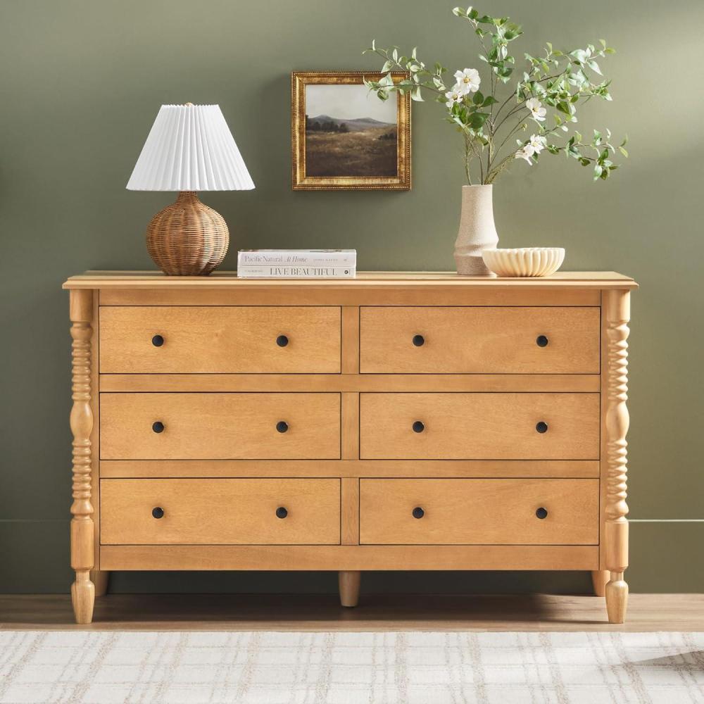 imageWalker Edison EZ Assembly Premium Traditional Solid Wood 6Drawer Dresser Vintage Chest of Drawers Spindle Dresser Quick Assembly Furniture 54 Inch WhiteNatural
