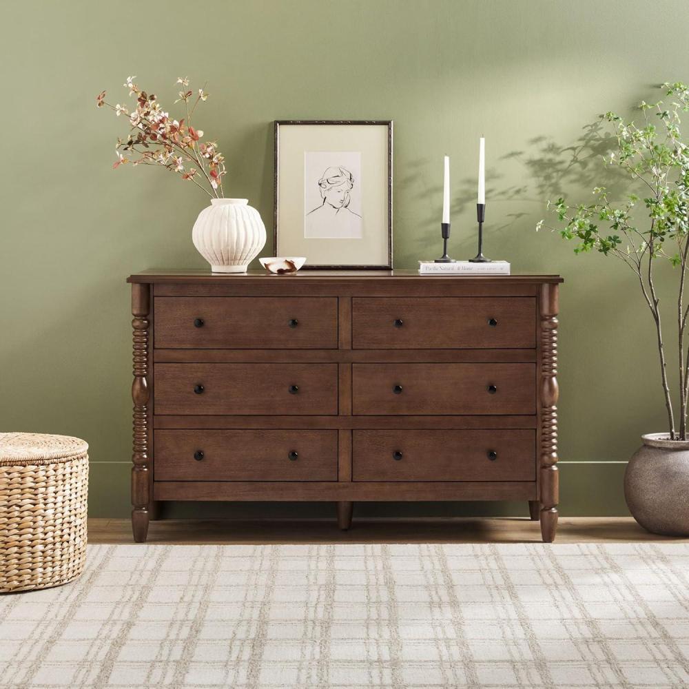 imageWalker Edison EZ Assembly Premium Traditional Solid Wood 6Drawer Dresser Vintage Chest of Drawers Spindle Dresser Quick Assembly Furniture 54 Inch WhiteDark Brown