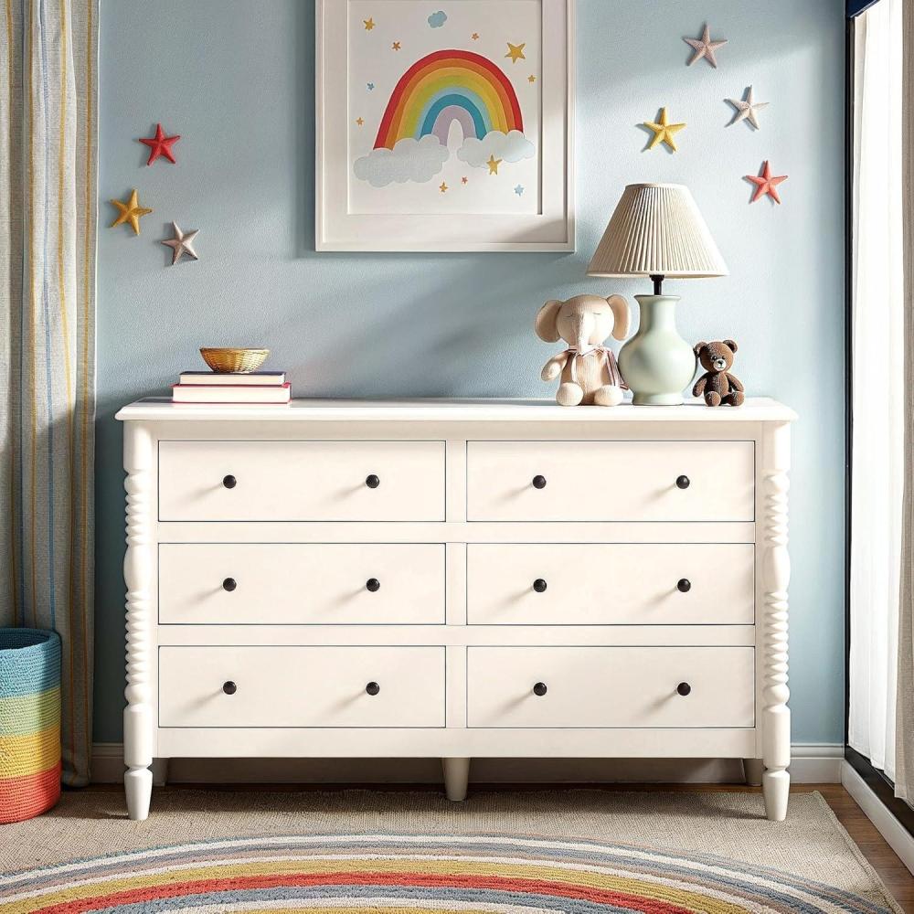 imageWalker Edison EZ Assembly Premium Traditional Solid Wood 6Drawer Dresser Vintage Chest of Drawers Spindle Dresser Quick Assembly Furniture 54 Inch WhiteWhite