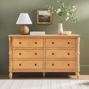 Walker Edison EZ Assembly™ Premium Traditional Solid Wood 6-Drawer Dresser, Vintage Chest of Drawers, Spindle Dresser, Quick Assembly Furniture, 54 Inch, White(Natural)