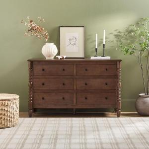 Walker Edison EZ Assembly™ Premium Traditional Solid Wood 6-Drawer Dresser, Vintage Chest of Drawers, Spindle Dresser, Quick Assembly Furniture, 54 Inch, White(Dark Brown)