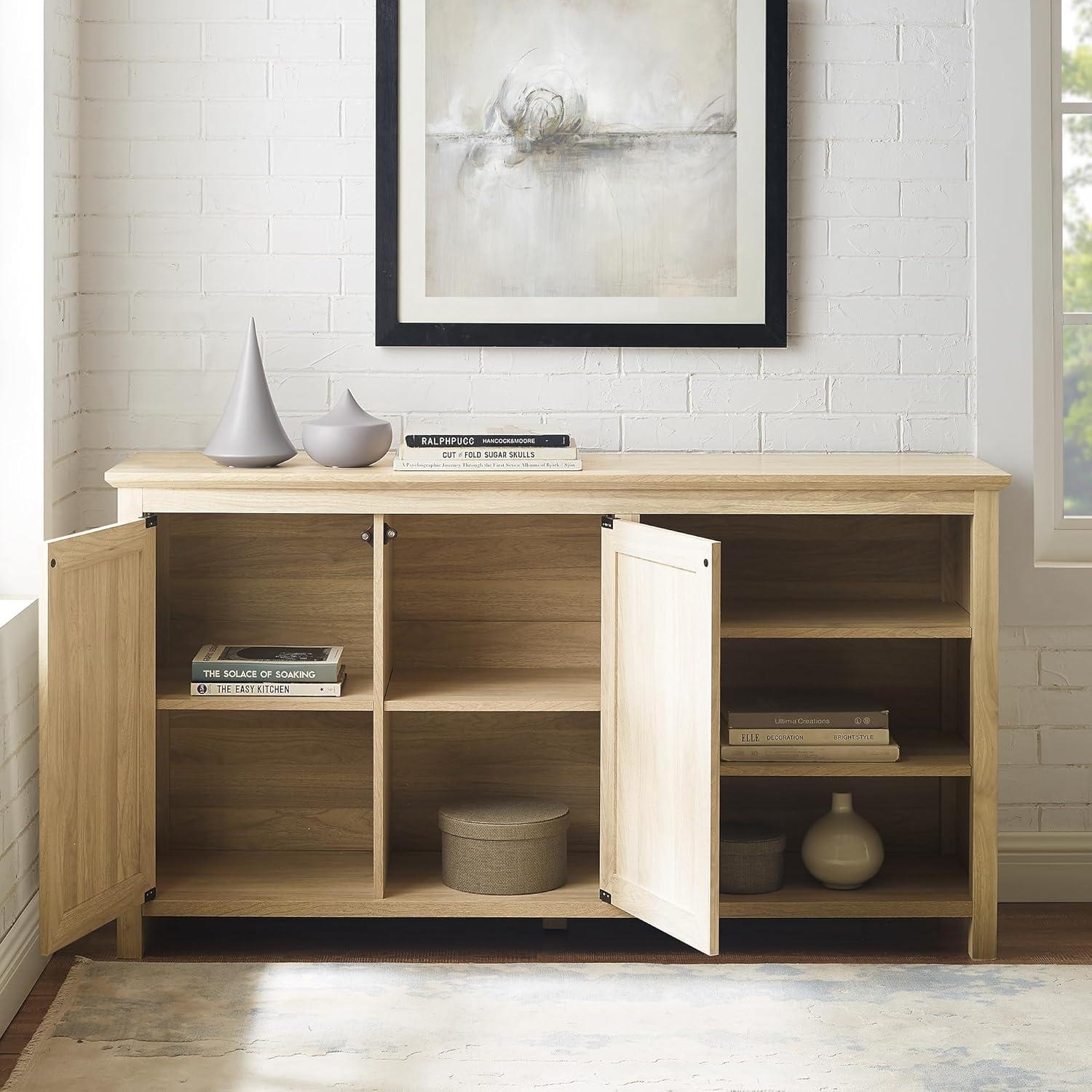 imageWalker Edison Modern Wood Grooved Buffet Sideboard with Open StorageEntryway Serving Storage Cabinet DoorsDining Room Console 58 Inch Dark WalnutBirch