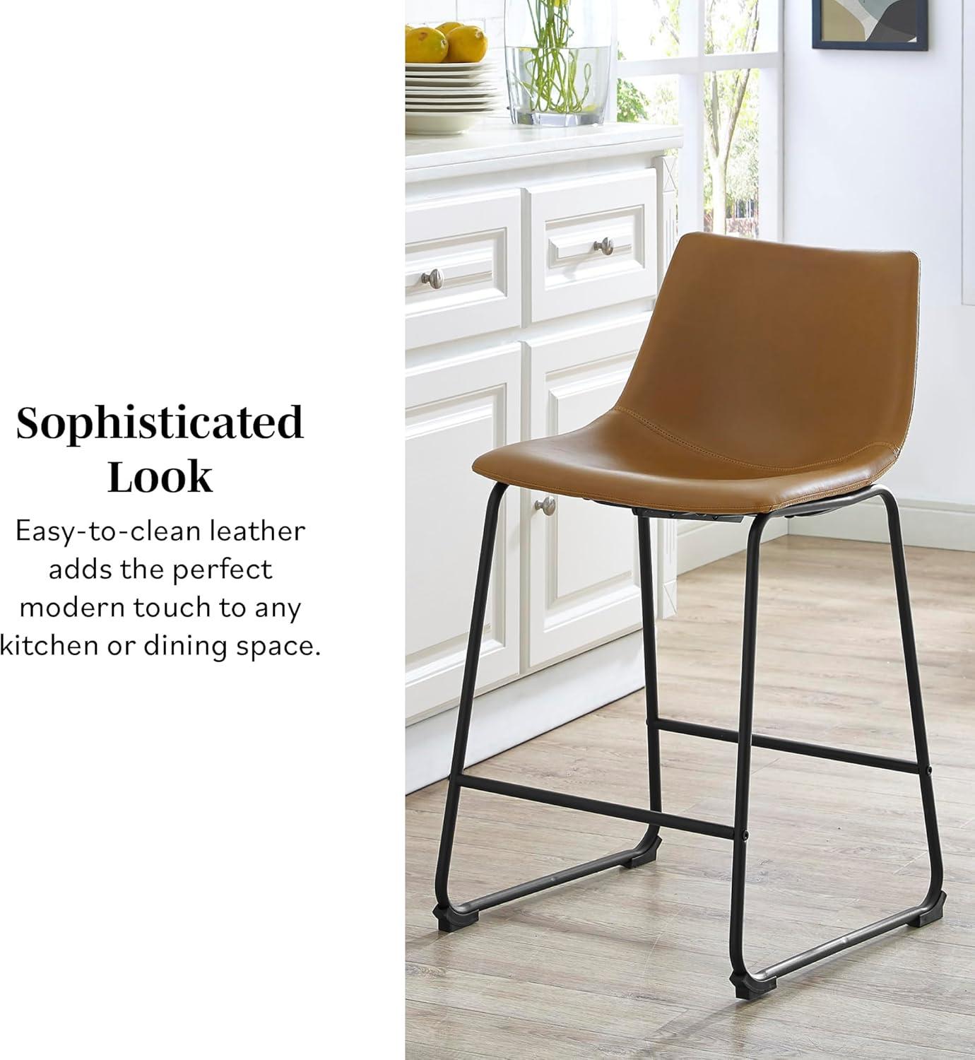 imageWalker Edison Douglas Urban Industrial Faux Leather Armless Counter Chairs Set of 2 BrownWhiskey Brown