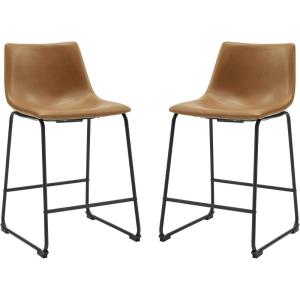 Walker Edison Douglas Urban Industrial Faux Leather Armless Counter Chairs, Set of 2, Brown(Whiskey Brown)