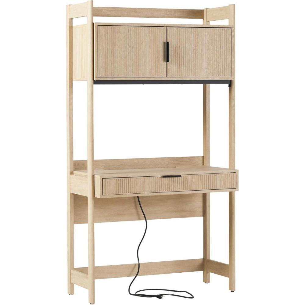 imageWalker Edison Modern Transitional Interior Design Reeded Desk with Hutch and Drawers Builtin Tech Desk with Cord Management Storage for Small Living Spaces 38W x 19D x 70H Coastal OakCoastal Oak