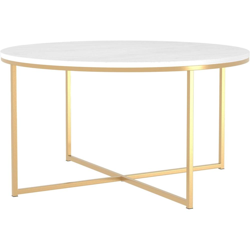imageWalker Edison Modern Glam Round Accent Faux White Marble Coffee Table with Gold XBase 36 InchWhite Faux MarbleGold