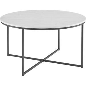 Walker Edison Modern Glam Round Accent Faux White Marble Coffee Table with Gold X-Base, 36 Inch(White Faux Marble/Black)