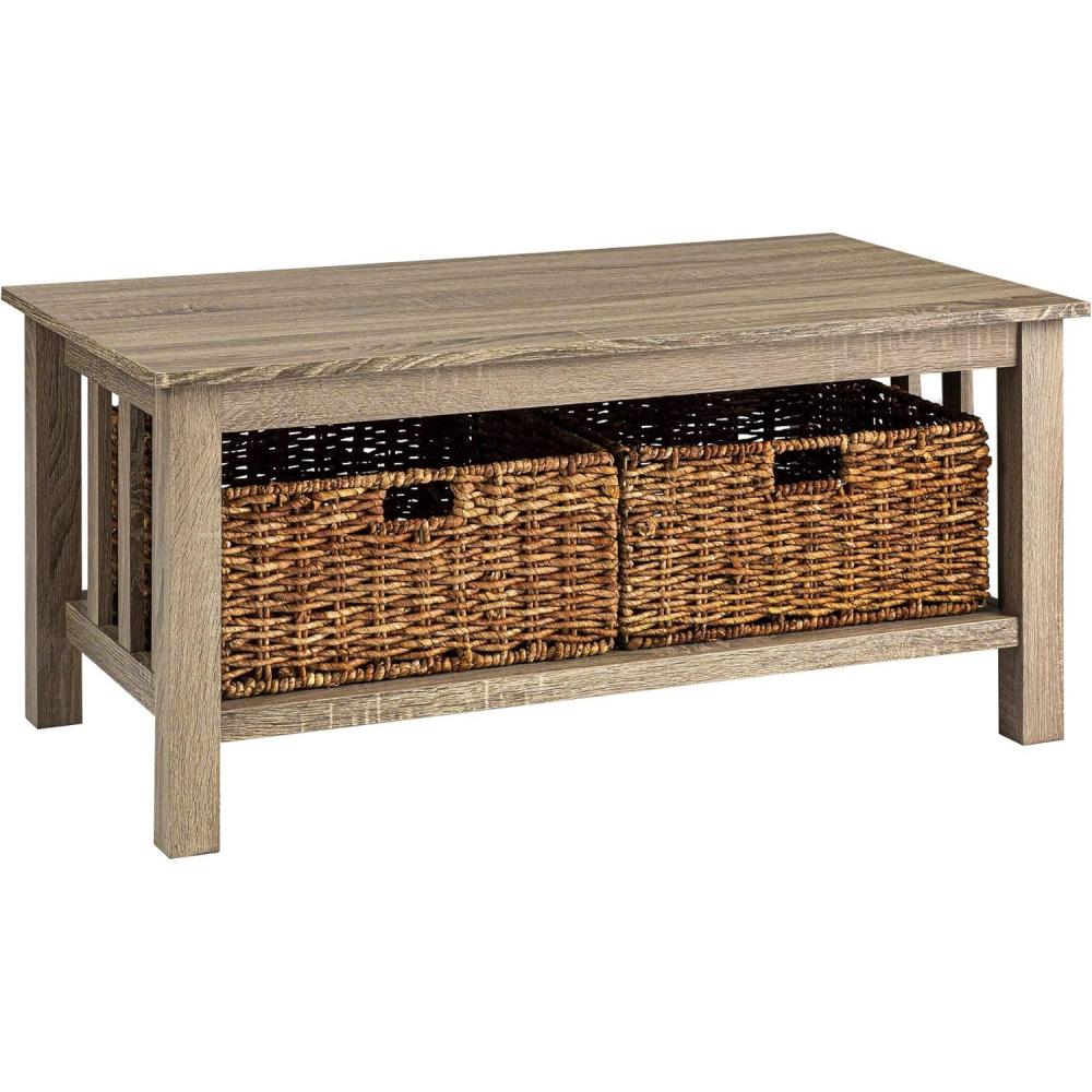 imageWalker Edison Alayna Mission Style Two Tier Coffee Table with Rattan Storage Baskets 40 Inch EspressoDriftwood