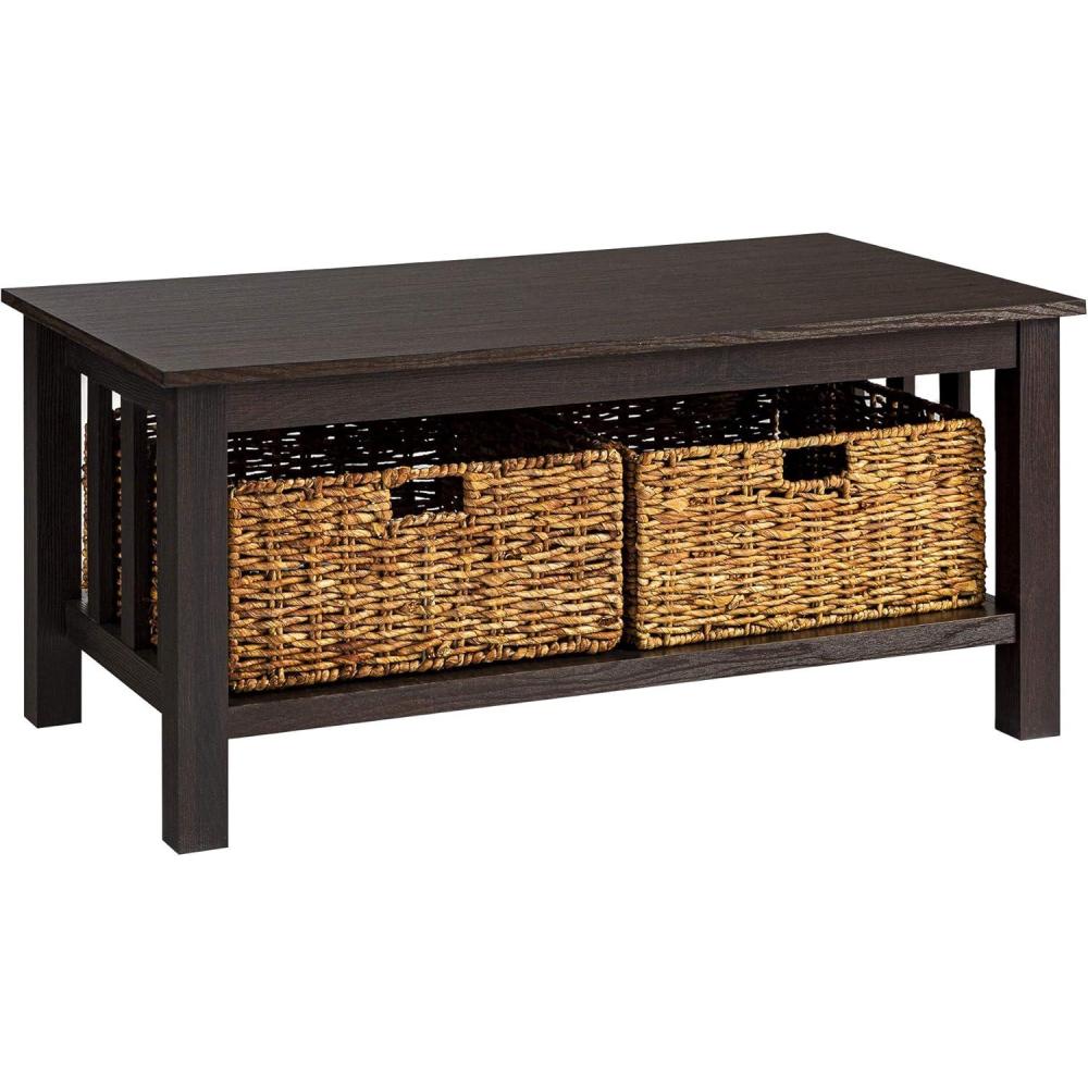 imageWalker Edison Alayna Mission Style Two Tier Coffee Table with Rattan Storage Baskets 40 Inch EspressoEspresso