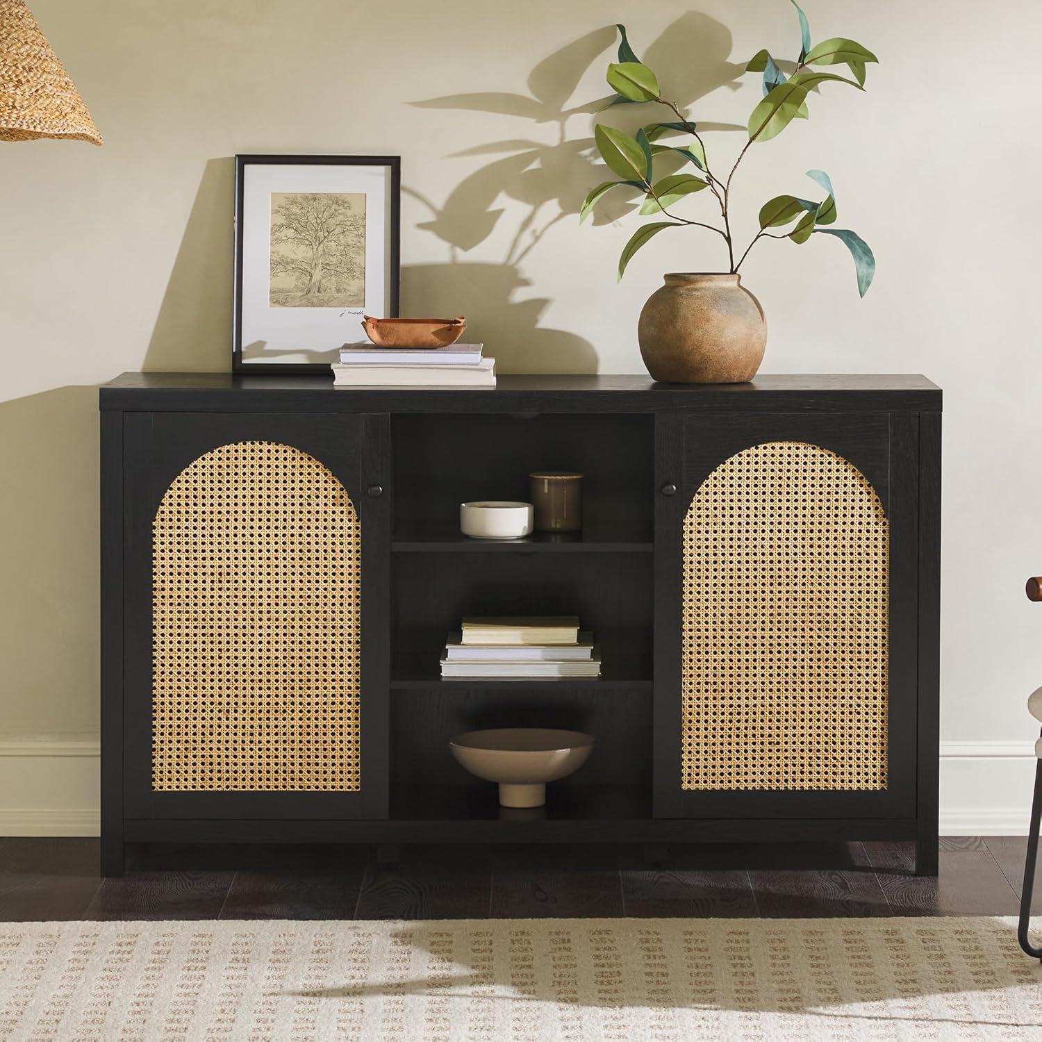 imageWalker Edison Sasha 4Door Reeded Sideboard Buffet with Cord Management 60 Inch English OakBlack
