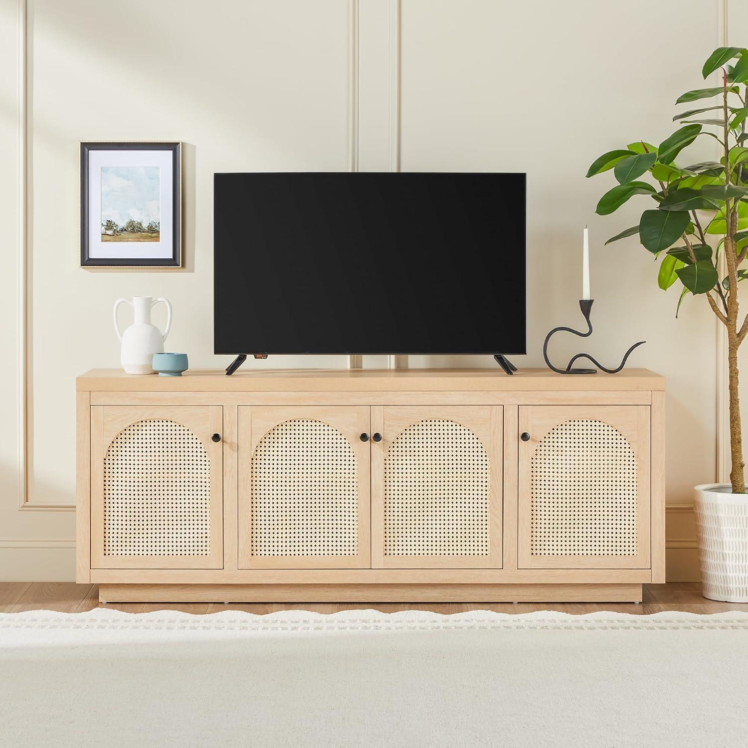 imageWalker Edison Sasha 4Door Reeded Sideboard Buffet with Cord Management 60 Inch English OakCoastal Oak