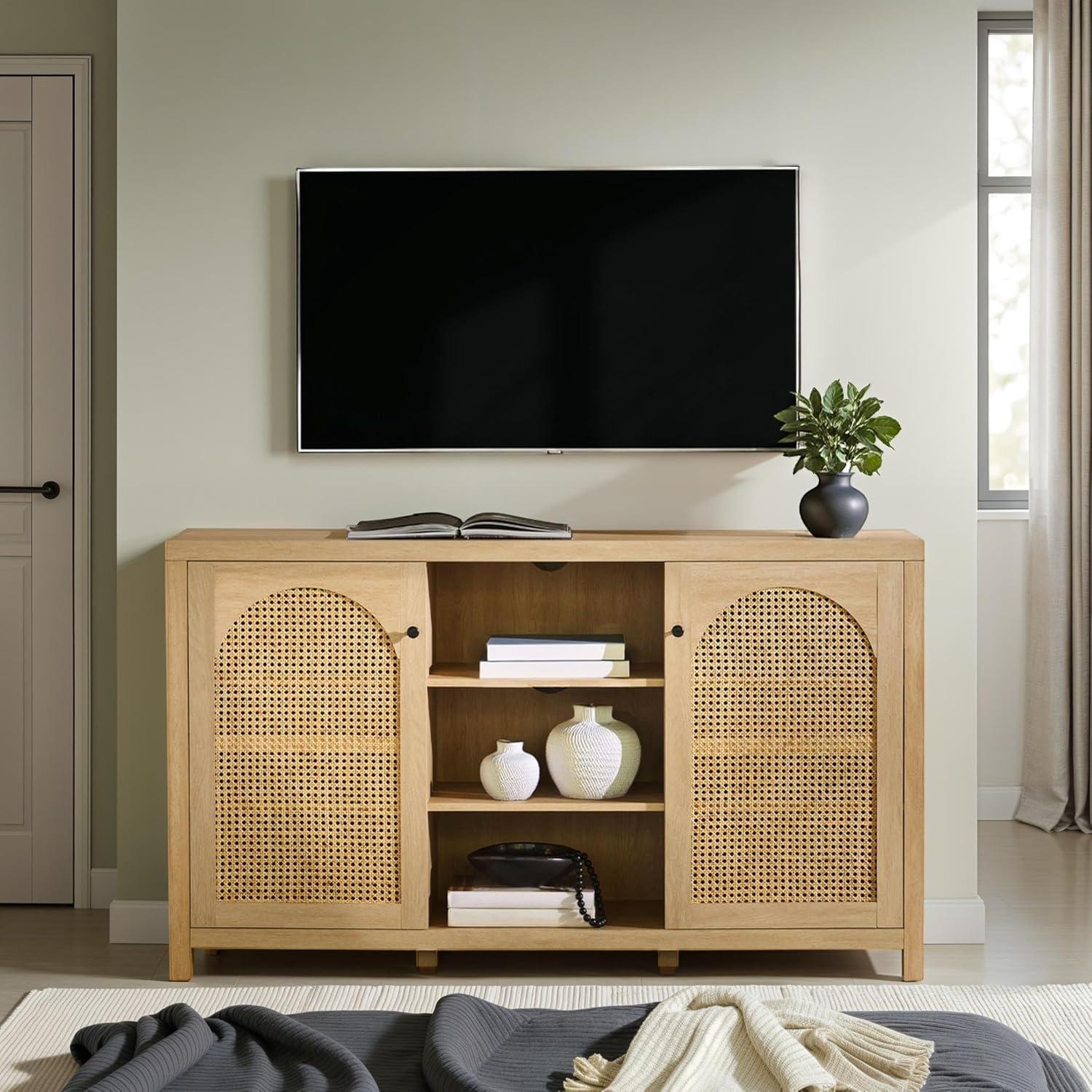 imageWalker Edison Sasha 4Door Reeded Sideboard Buffet with Cord Management 60 Inch English OakCoastal Oak
