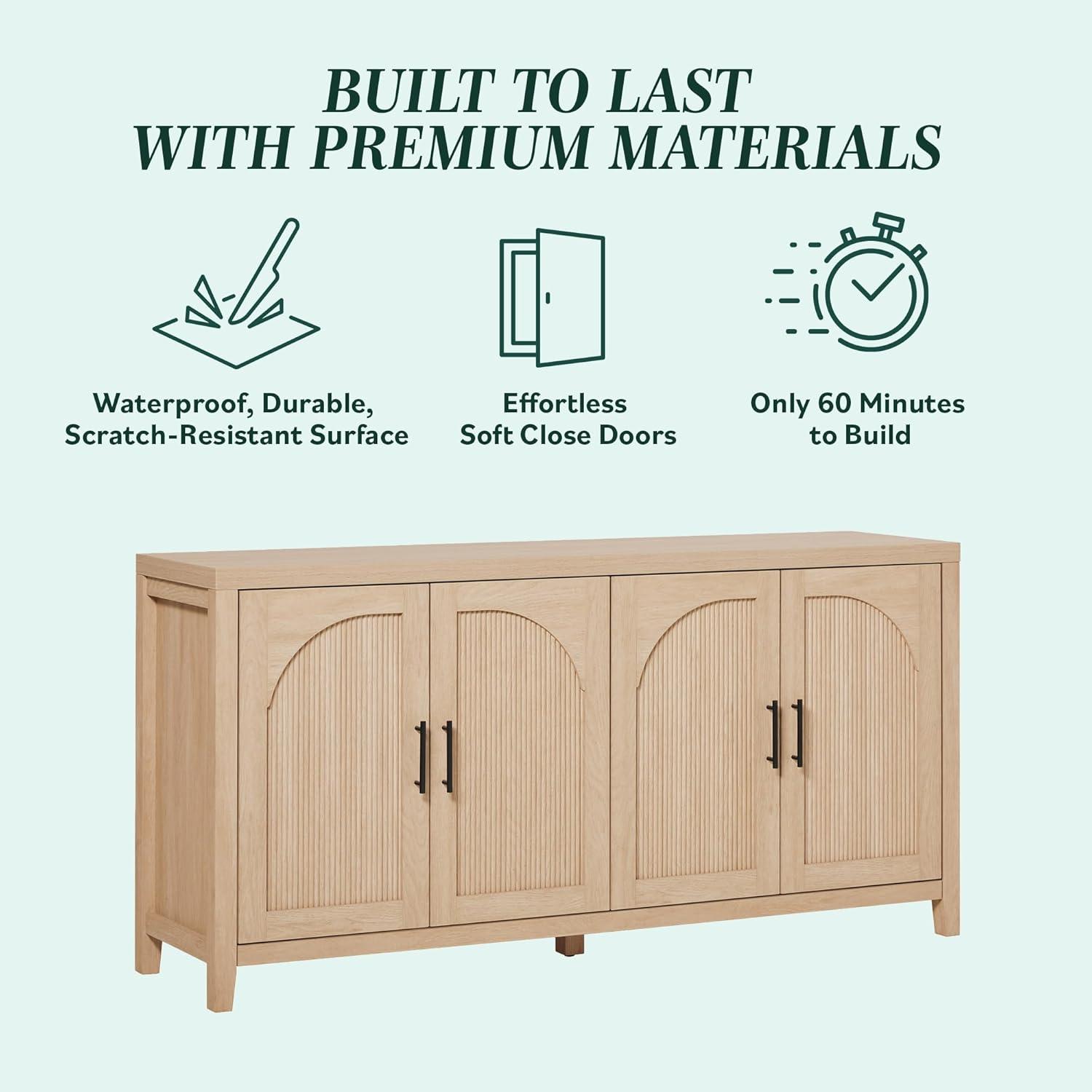 imageWalker Edison Sasha 4Door Reeded Sideboard Buffet with Cord Management 60 Inch English OakCoastal Oak