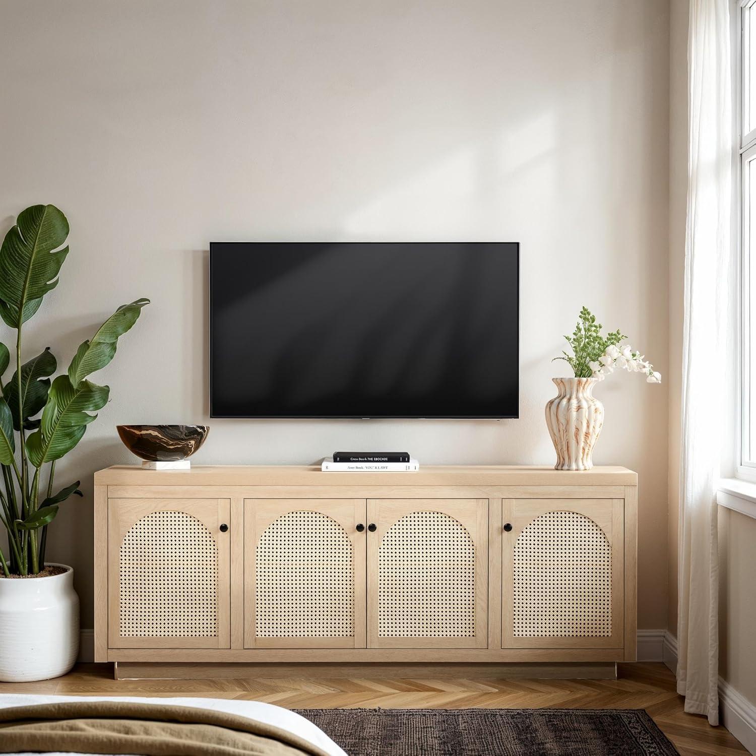 imageWalker Edison Sasha 4Door Reeded Sideboard Buffet with Cord Management 60 Inch English OakCoastal Oak