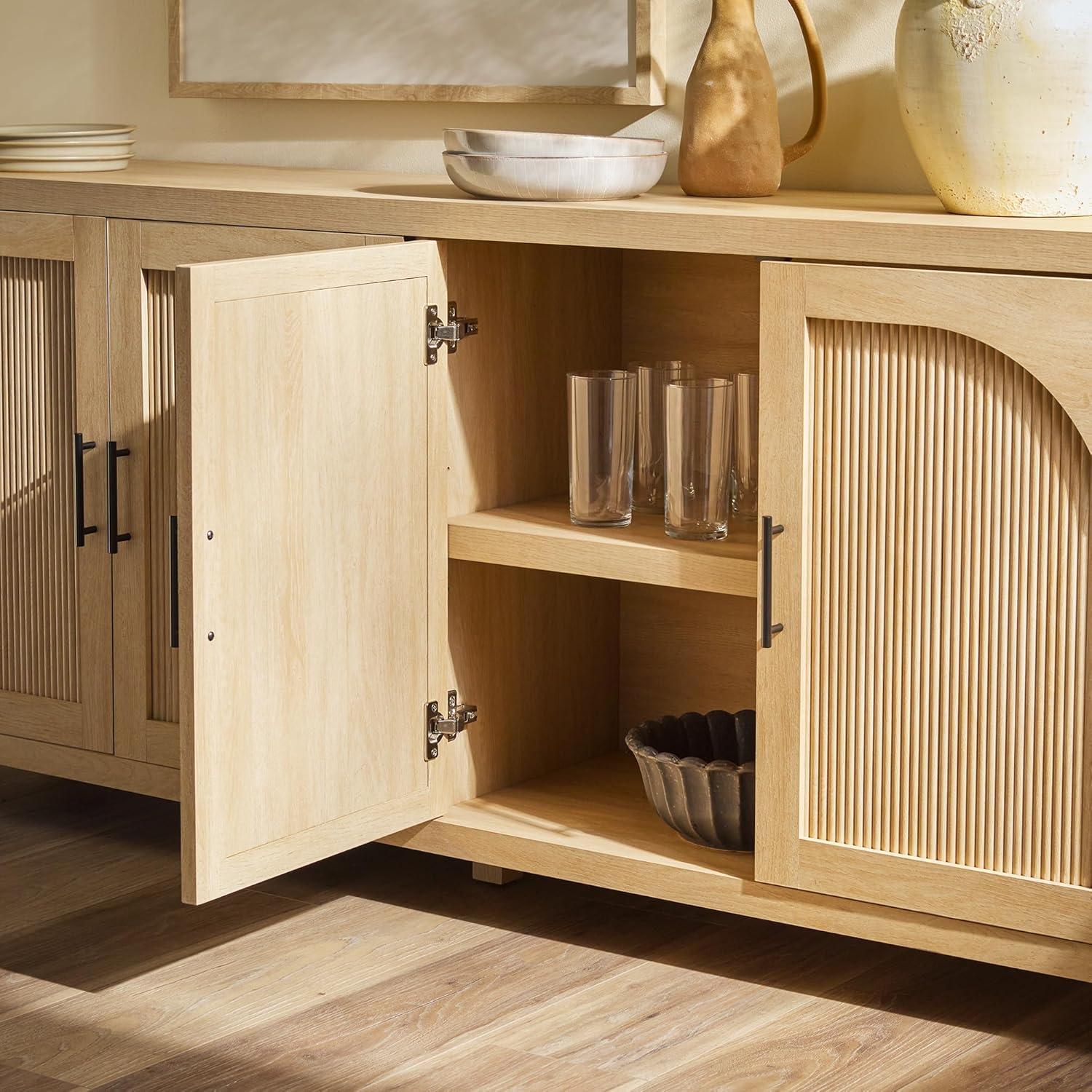 imageWalker Edison Sasha 4Door Reeded Sideboard Buffet with Cord Management 60 Inch English OakCoastal Oak