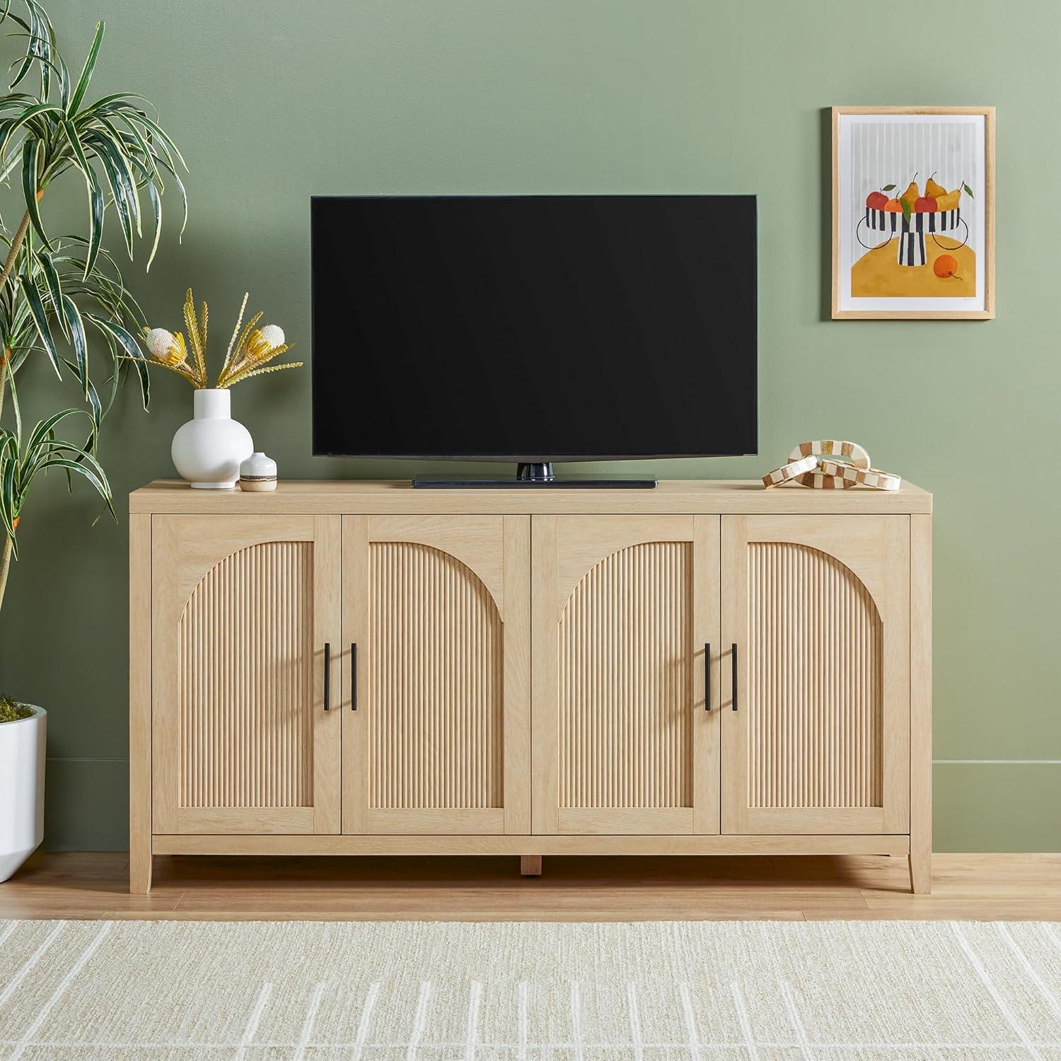 imageWalker Edison Sasha 4Door Reeded Sideboard Buffet with Cord Management 60 Inch English OakCoastal Oak