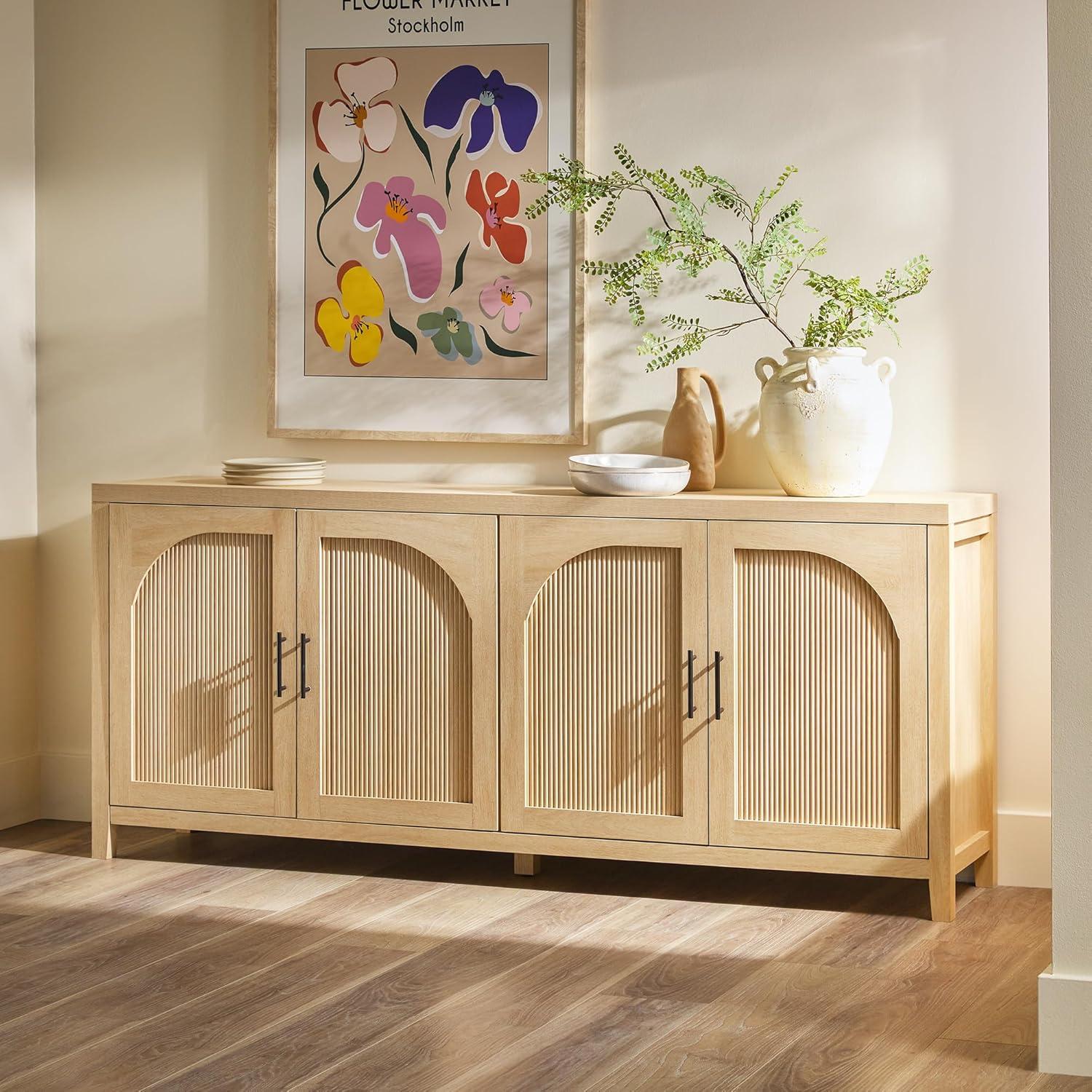 imageWalker Edison Sasha 4Door Reeded Sideboard Buffet with Cord Management 60 Inch English OakCoastal Oak