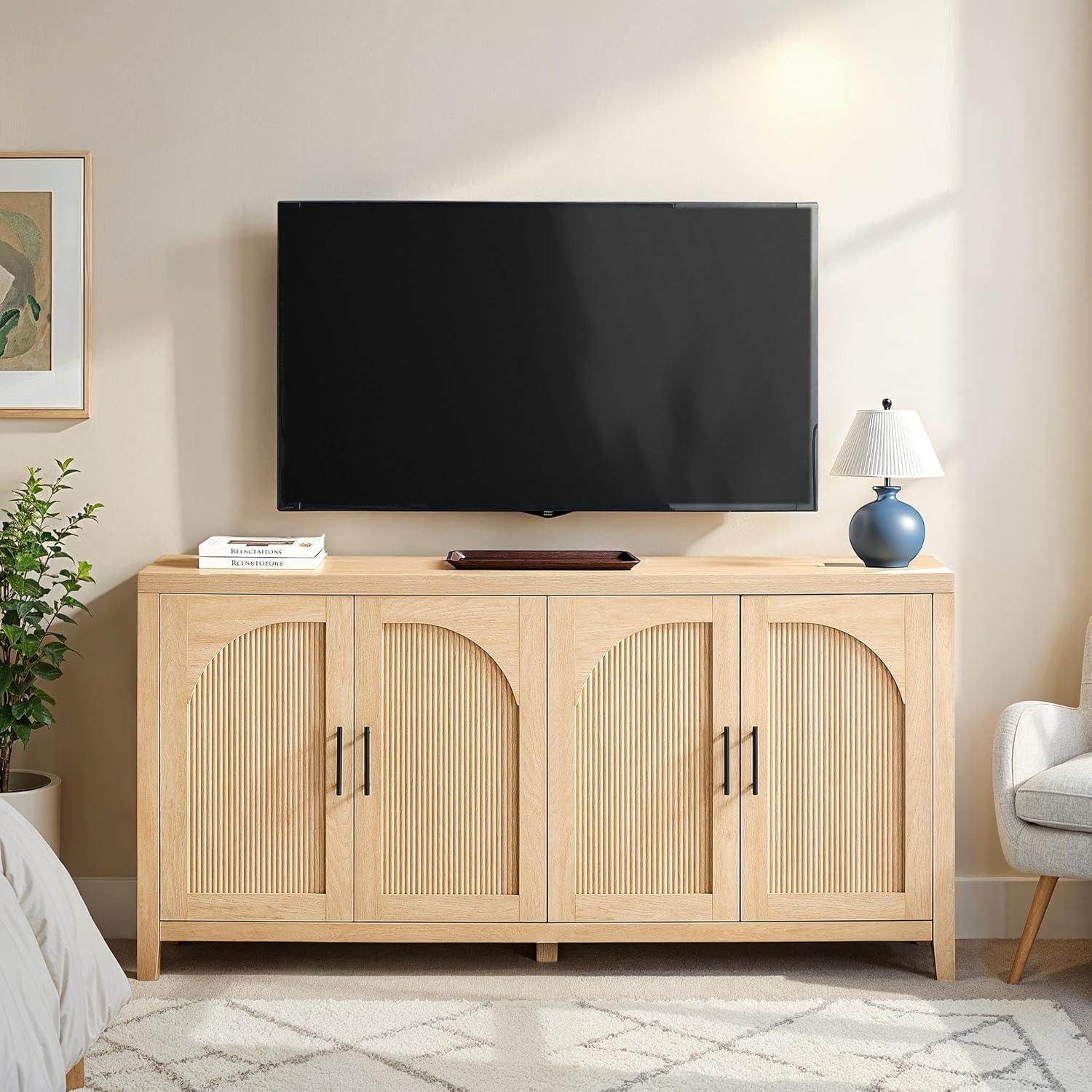 imageWalker Edison Sasha 4Door Reeded Sideboard Buffet with Cord Management 60 Inch English OakCoastal Oak