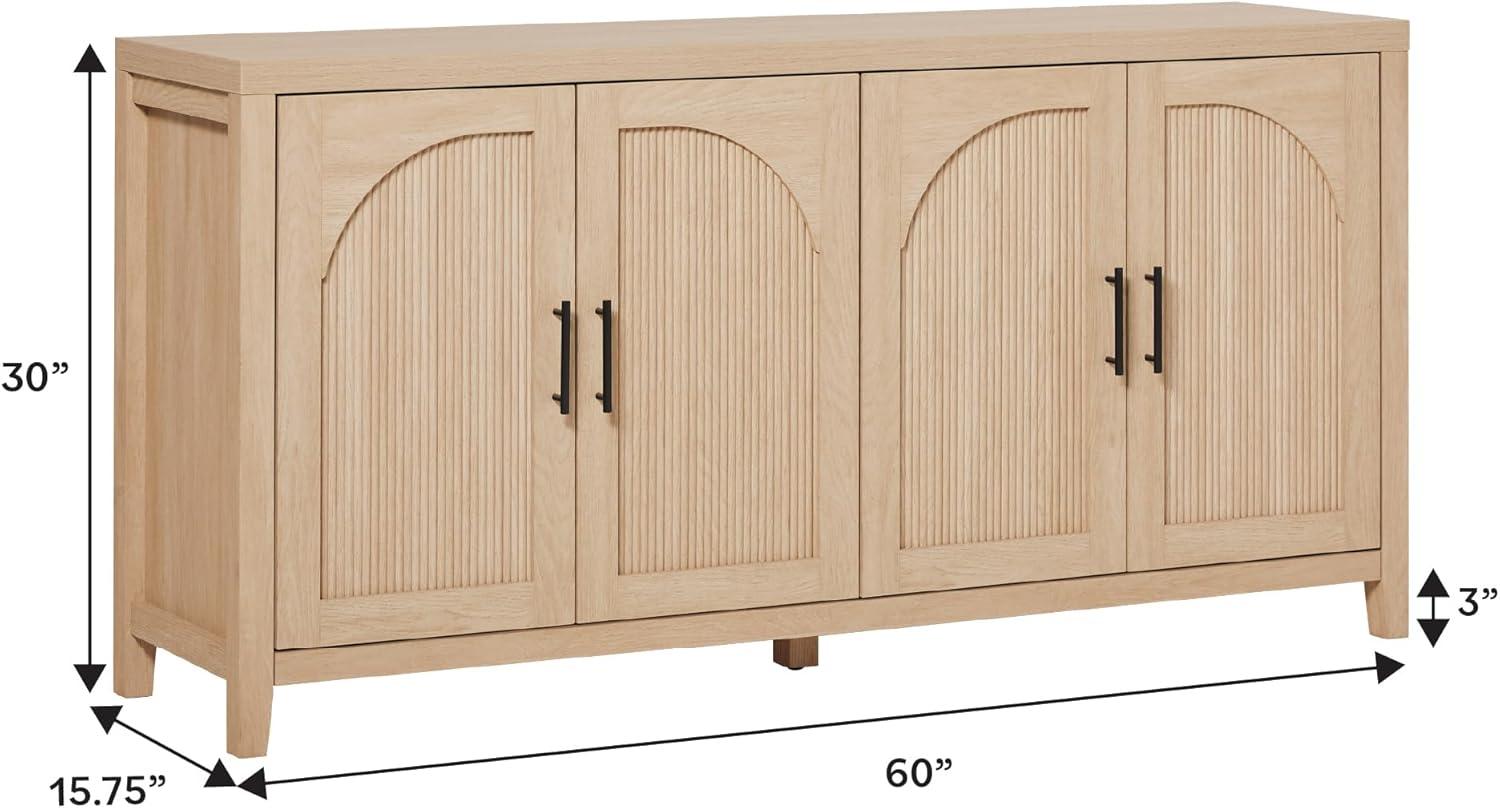 imageWalker Edison Sasha 4Door Reeded Sideboard Buffet with Cord Management 60 Inch English OakCoastal Oak