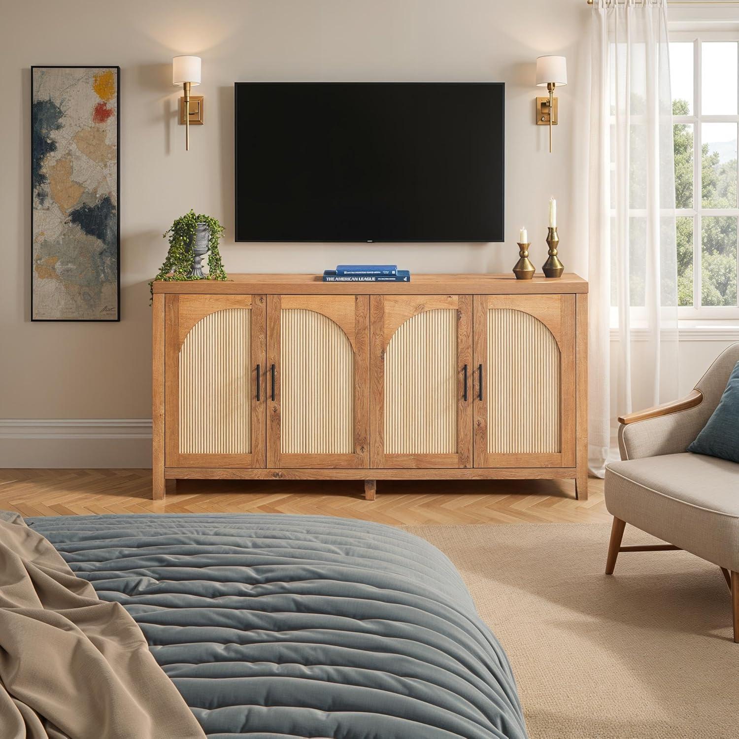 imageWalker Edison Sasha 4Door Reeded Sideboard Buffet with Cord Management 60 Inch English OakEnglish Oak