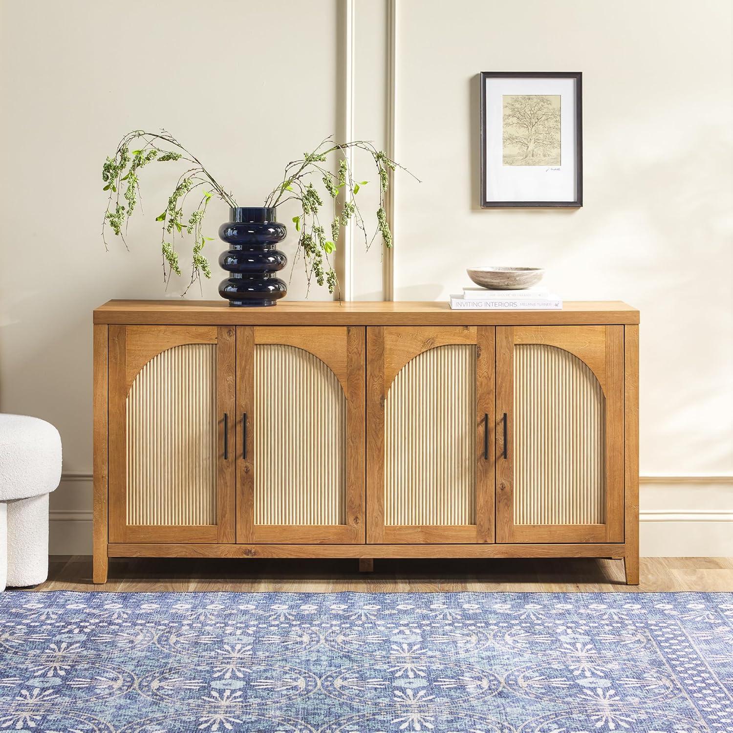 imageWalker Edison Sasha 4Door Reeded Sideboard Buffet with Cord Management 60 Inch English OakEnglish Oak