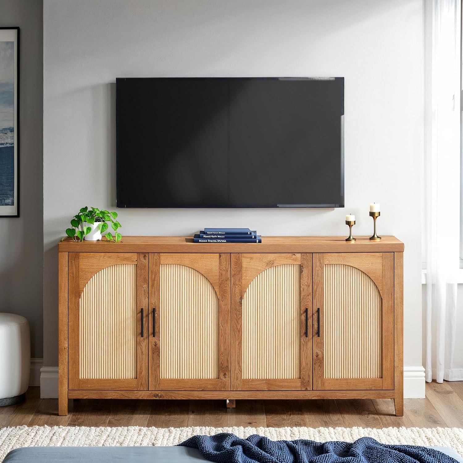 imageWalker Edison Sasha 4Door Reeded Sideboard Buffet with Cord Management 60 Inch English OakEnglish Oak