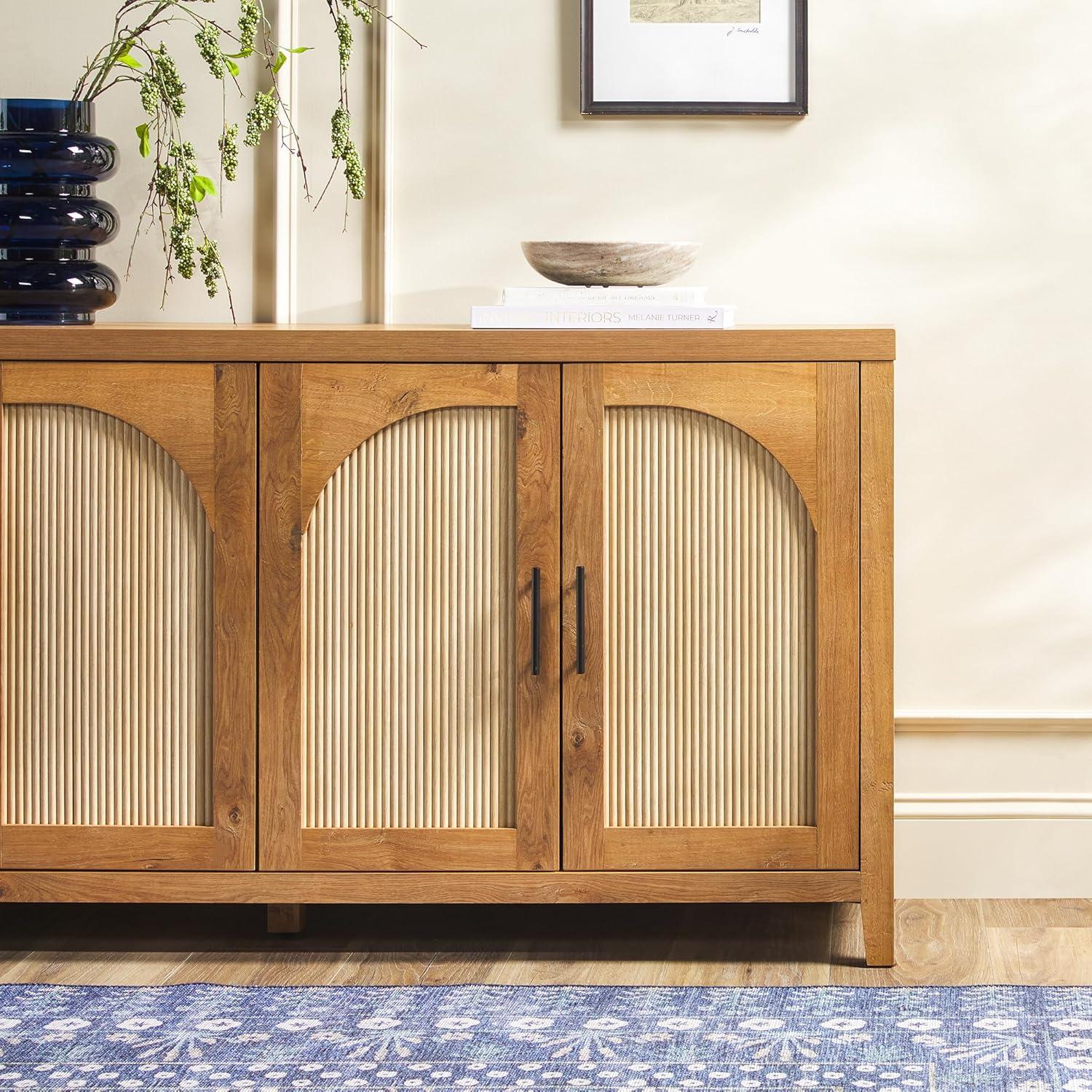 imageWalker Edison Sasha 4Door Reeded Sideboard Buffet with Cord Management 60 Inch English OakEnglish Oak