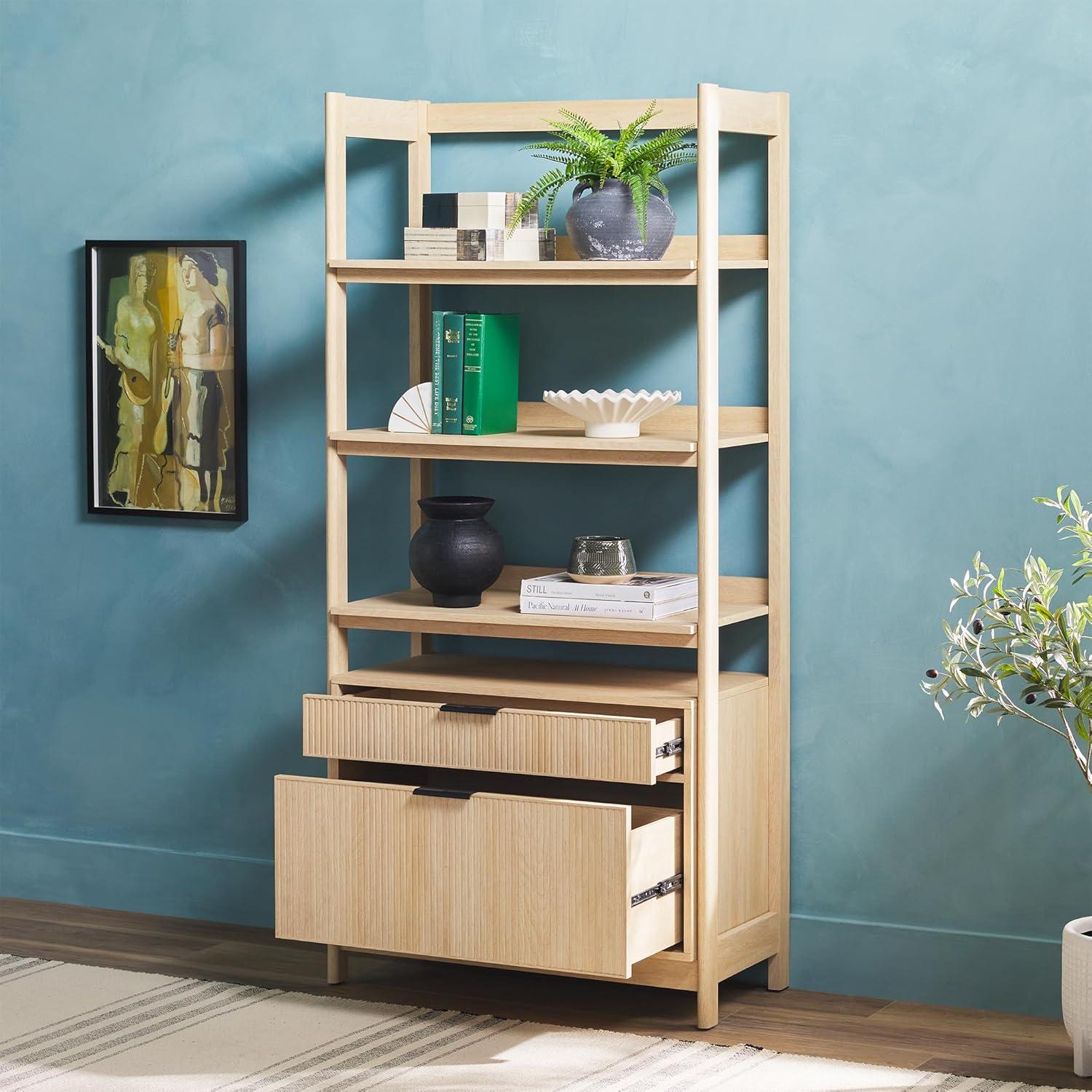 imageWalker Edison Transitional Open Reeded 4Shelf Bookshelf with Drawers on Bottom Versatile Bookcase with Bottom Storage for Home Office Living Room Bedroom 33W x 1675D x 70H BlackCoastal Oak