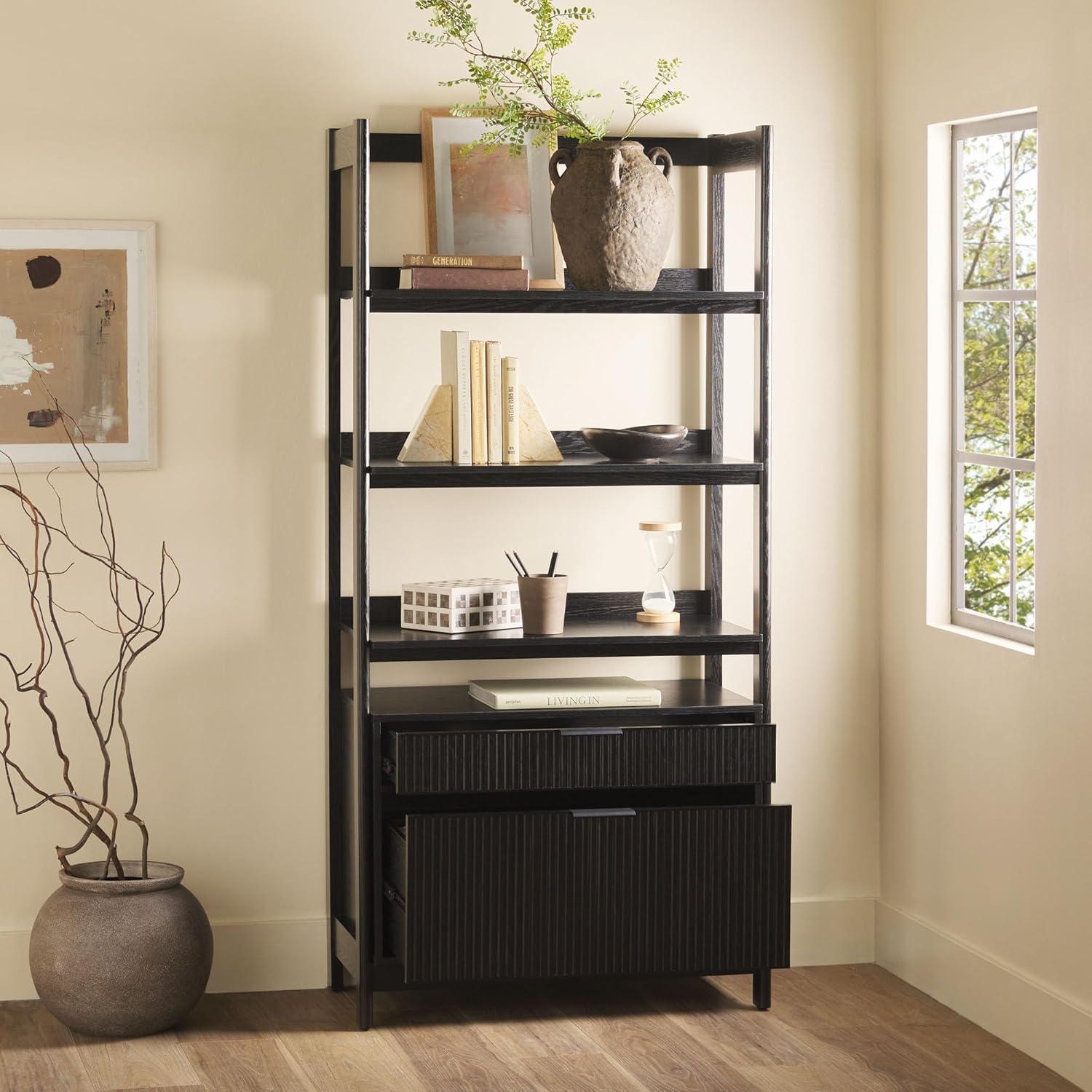imageWalker Edison Transitional Open Reeded 4Shelf Bookshelf with Drawers on Bottom Versatile Bookcase with Bottom Storage for Home Office Living Room Bedroom 33W x 1675D x 70H BlackBlack