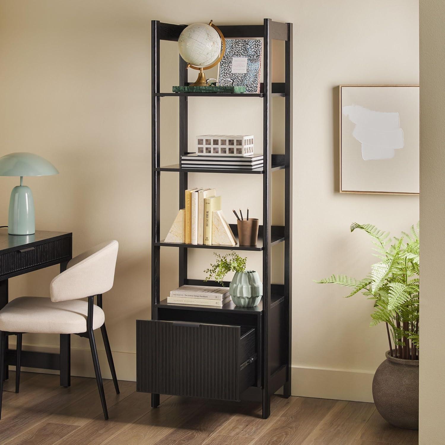 imageWalker Edison Transitional Reeded Narrow Open Bookshelf with Drawer on Bottom for Home Office Living Room Bedroom 4Shelf Bookcase with Bottom Storage 22W x 1675D x 70H Coastal OakBlack