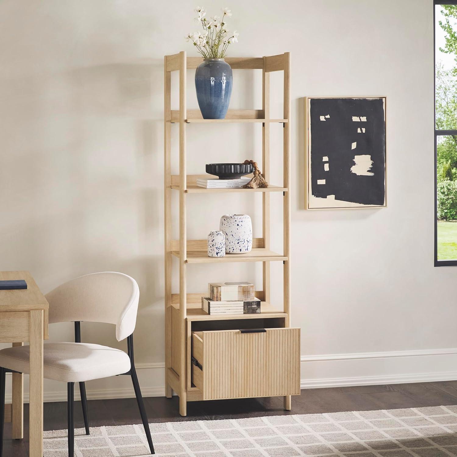 imageWalker Edison Transitional Reeded Narrow Open Bookshelf with Drawer on Bottom for Home Office Living Room Bedroom 4Shelf Bookcase with Bottom Storage 22W x 1675D x 70H Coastal OakCoastal Oak