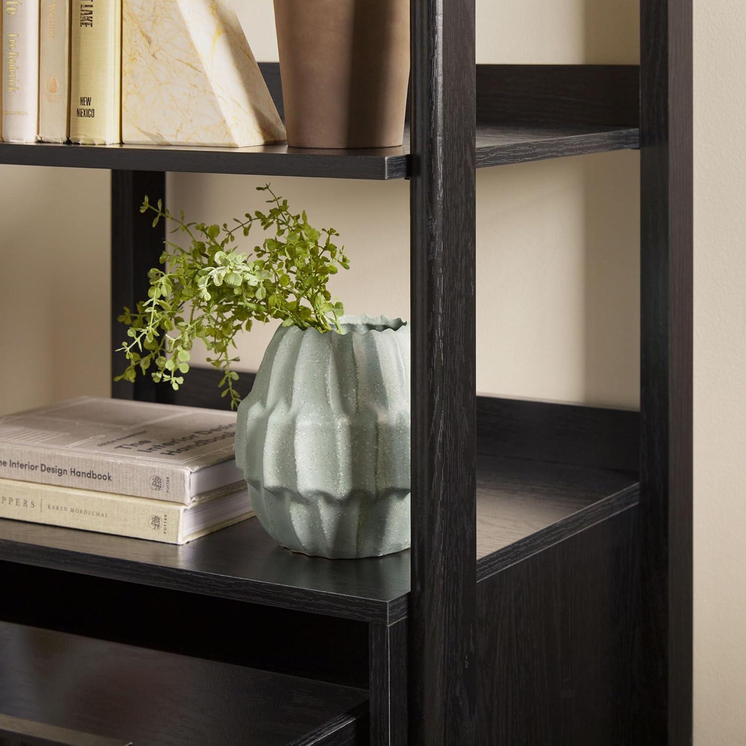 imageWalker Edison Transitional Reeded Narrow Open Bookshelf with Drawer on Bottom for Home Office Living Room Bedroom 4Shelf Bookcase with Bottom Storage 22W x 1675D x 70H Coastal OakBlack