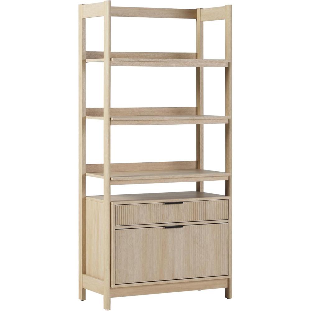 imageWalker Edison Transitional Open Reeded 4Shelf Bookshelf with Drawers on Bottom Versatile Bookcase with Bottom Storage for Home Office Living Room Bedroom 33W x 1675D x 70H BlackCoastal Oak
