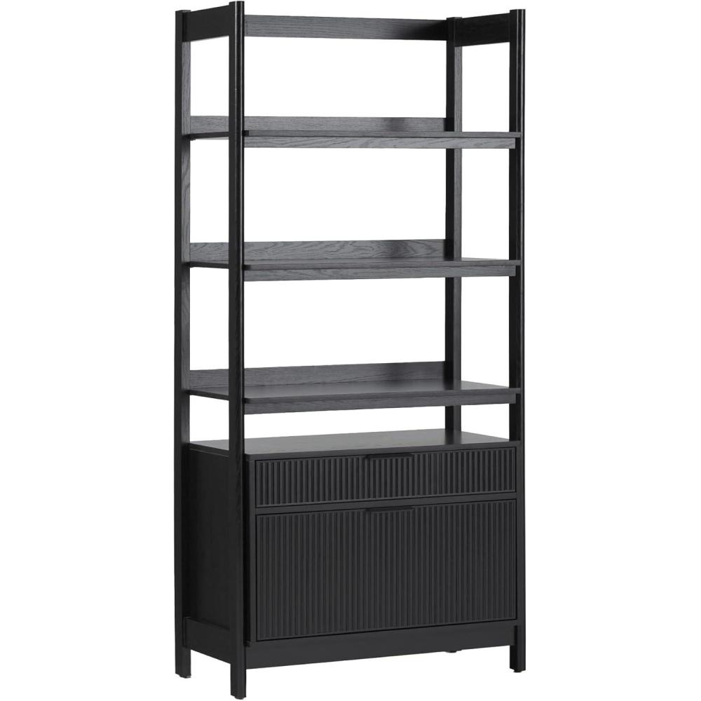 imageWalker Edison Transitional Open Reeded 4Shelf Bookshelf with Drawers on Bottom Versatile Bookcase with Bottom Storage for Home Office Living Room Bedroom 33W x 1675D x 70H BlackBlack