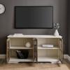 Walker Edison Modern Glass and Wood Universal TV Stand with 4 Door Storage For TV’s up to 64″ Flat Screen Living Room Storage Entertainment Center, 58 Inch, Rustic Oak(White/Rustic Oak)