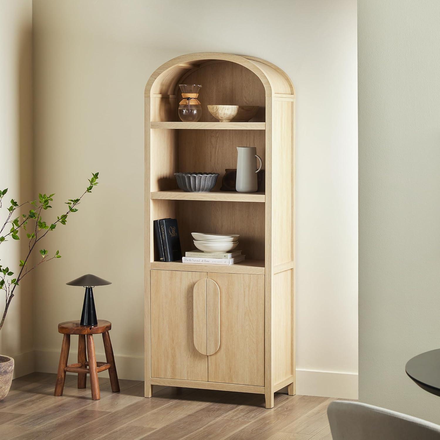 imageWalker Edison Chantelle Modern Arched 5Shelf Bookcase with Doors Curved Top Bookcase Display Shelf for Home Office Dining Room Living Spaces Tempered Glass and Metal Doors Coastal OakCoastal Oak