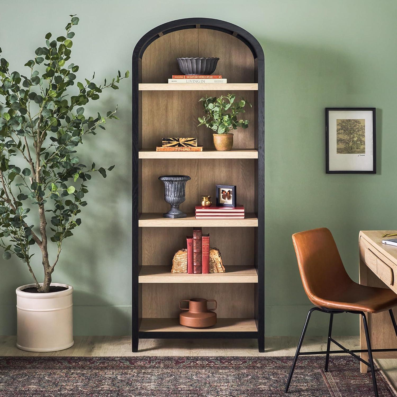 imageWalker Edison Chantelle Modern Arched 5Shelf Bookcase with Doors Curved Top Bookcase Display Shelf for Home Office Dining Room Living Spaces Tempered Glass and Metal Doors Coastal OakBlack