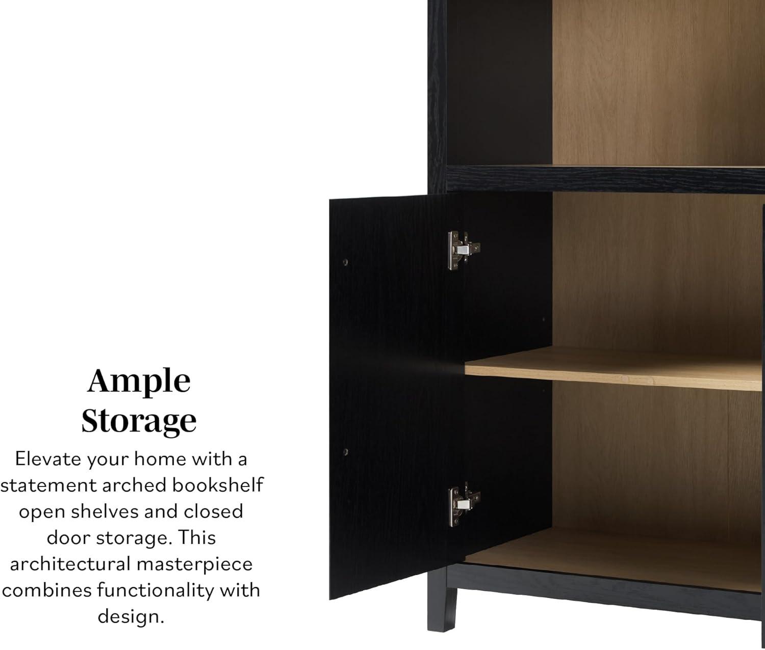 imageWalker Edison Chantelle Modern Arched 5Shelf Bookcase with Doors Curved Top Bookcase Display Shelf for Home Office Dining Room Living Spaces Tempered Glass and Metal Doors Coastal OakBlack