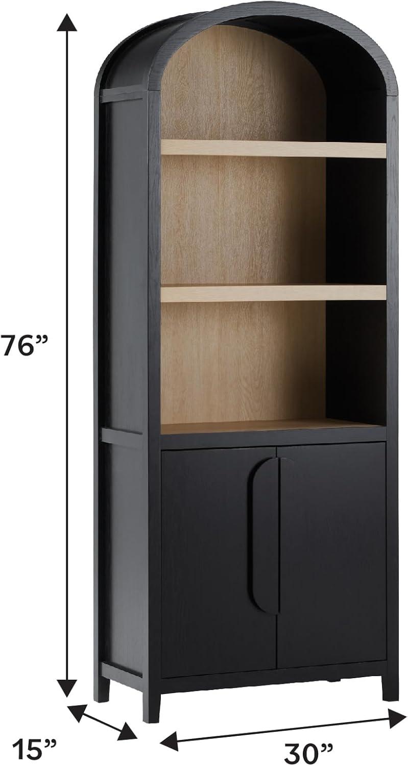 imageWalker Edison Chantelle Modern Arched 5Shelf Bookcase with Doors Curved Top Bookcase Display Shelf for Home Office Dining Room Living Spaces Tempered Glass and Metal Doors Coastal OakBlack