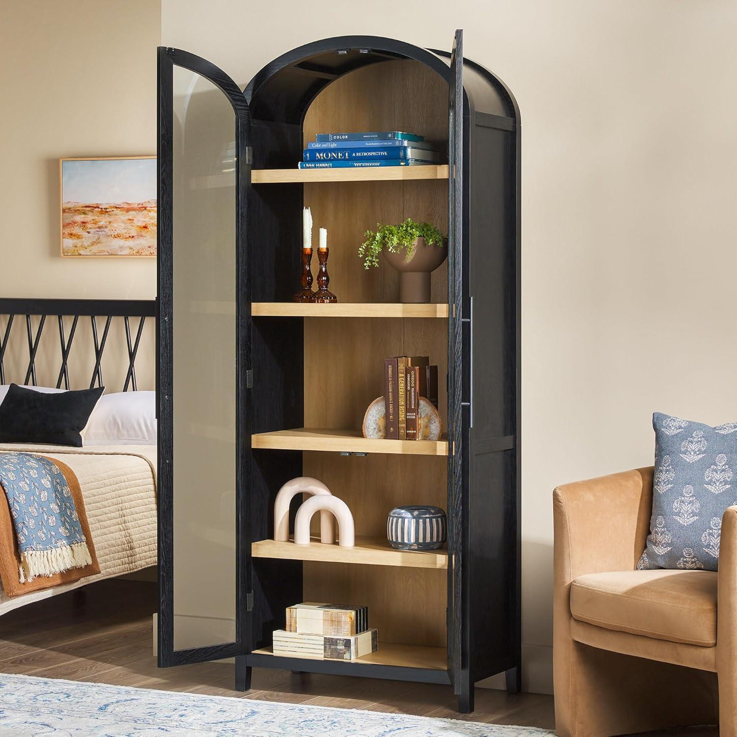 imageWalker Edison Chantelle Modern Arched 5Shelf Bookcase with Doors Curved Top Bookcase Display Shelf for Home Office Dining Room Living Spaces Tempered Glass and Metal Doors Coastal OakBlack