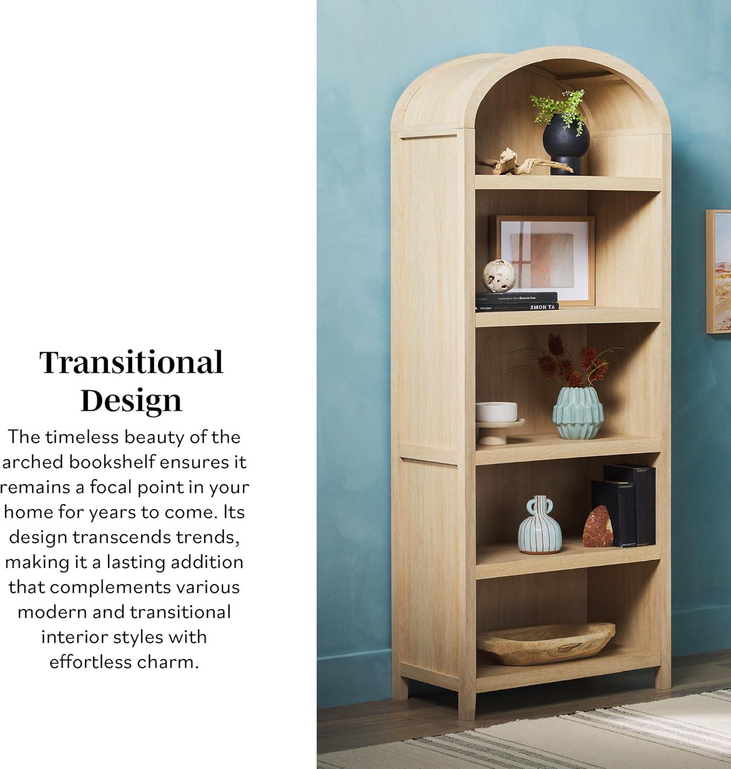 imageWalker Edison Chantelle Modern Arched 5Shelf Bookcase with Doors Curved Top Bookcase Display Shelf for Home Office Dining Room Living Spaces Tempered Glass and Metal Doors Coastal OakCoastal Oak