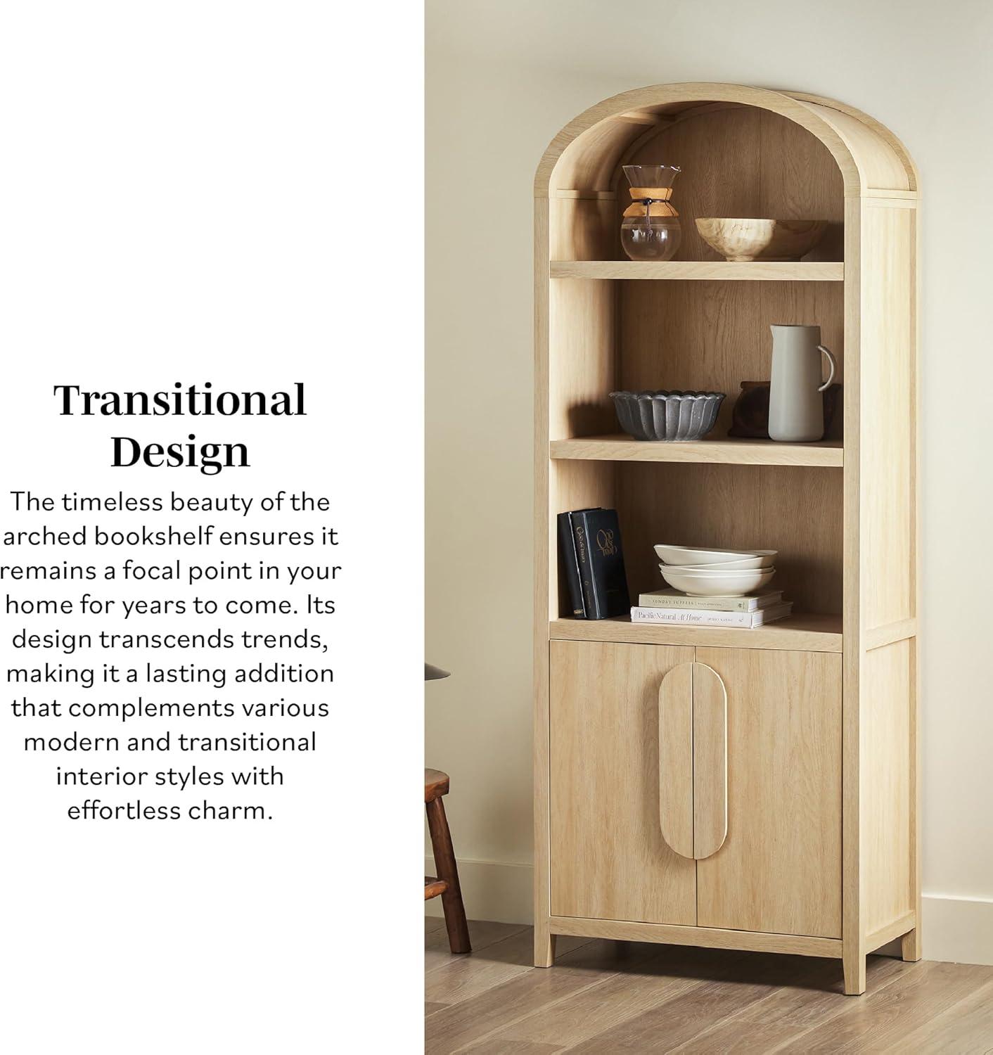 imageWalker Edison Chantelle Modern Arched 5Shelf Bookcase with Doors Curved Top Bookcase Display Shelf for Home Office Dining Room Living Spaces Tempered Glass and Metal Doors Coastal OakCoastal Oak