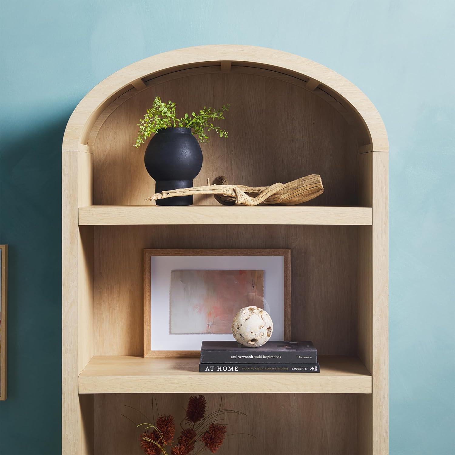 imageWalker Edison Chantelle Modern Arched 5Shelf Bookcase with Doors Curved Top Bookcase Display Shelf for Home Office Dining Room Living Spaces Tempered Glass and Metal Doors Coastal OakCoastal Oak