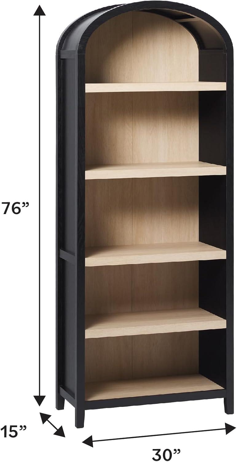 imageWalker Edison Chantelle Modern Arched 5Shelf Bookcase with Doors Curved Top Bookcase Display Shelf for Home Office Dining Room Living Spaces Tempered Glass and Metal Doors Coastal OakBlack