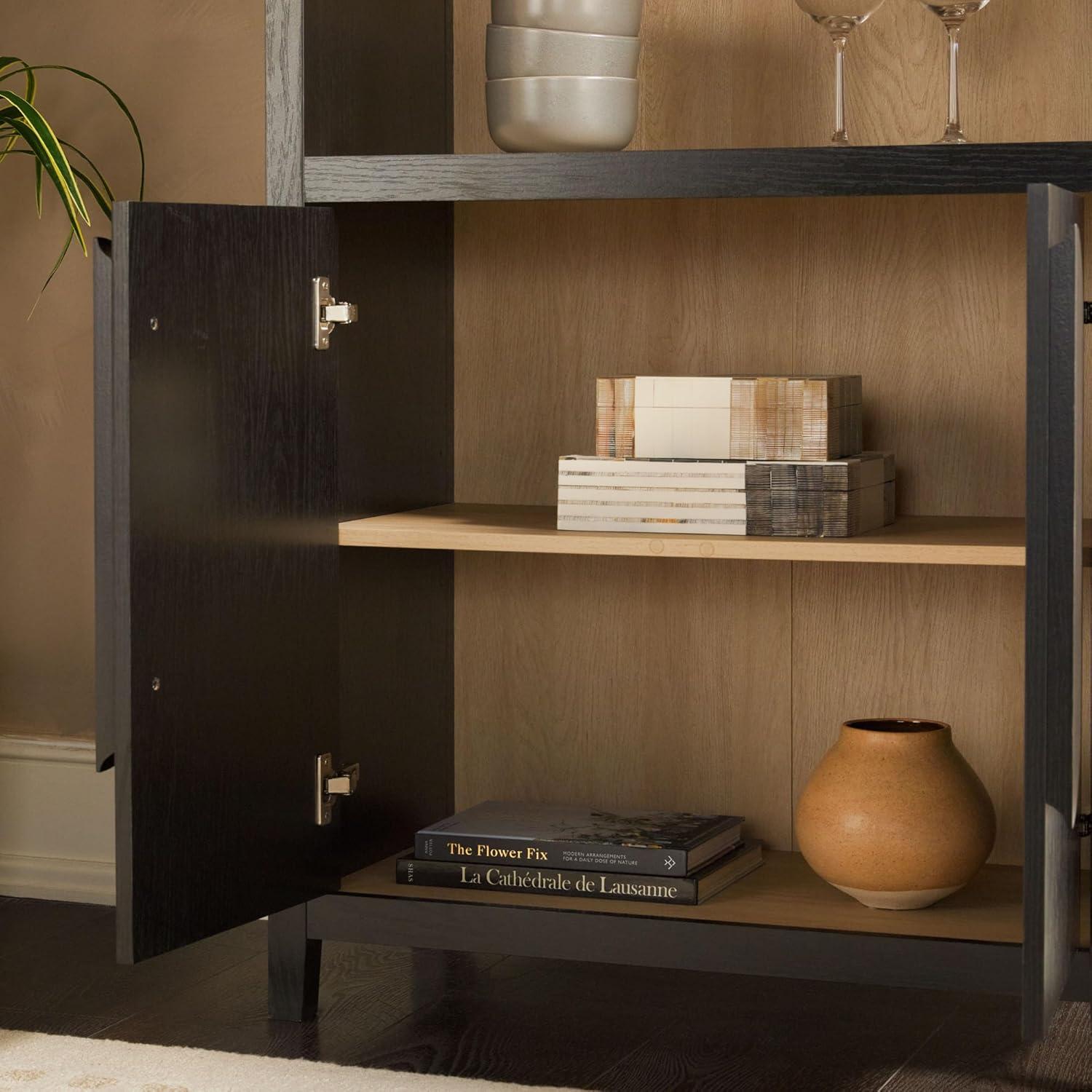 imageWalker Edison Chantelle Modern Arched 5Shelf Bookcase with Doors Curved Top Bookcase Display Shelf for Home Office Dining Room Living Spaces Tempered Glass and Metal Doors Coastal OakBlack